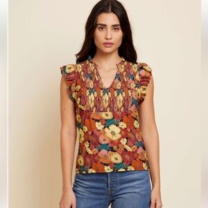 Nation LTD Habiba Top Floral Kimono Print Smocked Flutter Sleeve Cotton Small